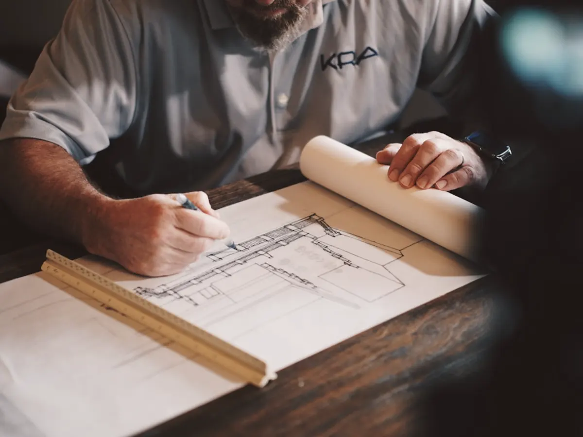 Hands drafting a technical drawing with a ruler
