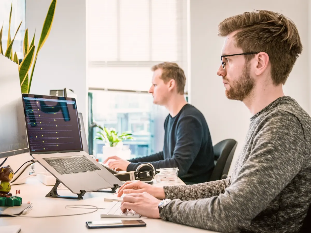 Two colleagues working side by side at their desks